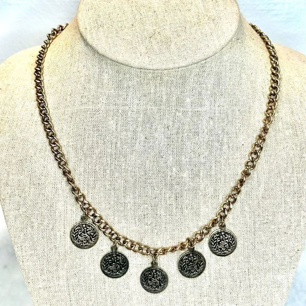 Vintage Anthropologie Bronze Curb Chain With Round Engraved Charms Adjustable Co